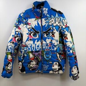 Sugarhill Glacier Psycho puffer jacket size Small comic book all over print blue